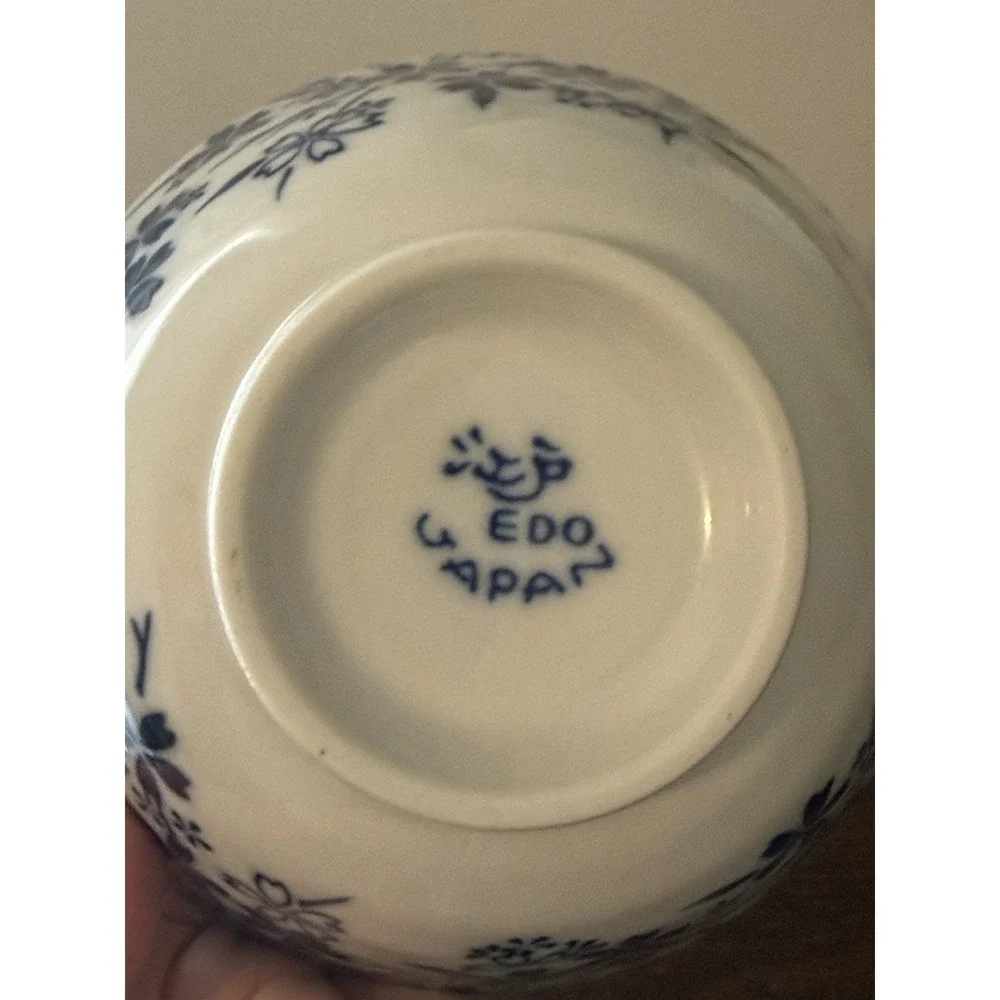 EDO Japan Blue White Floral Porcelain Rice Bowl Silver Tone Rim 5.25